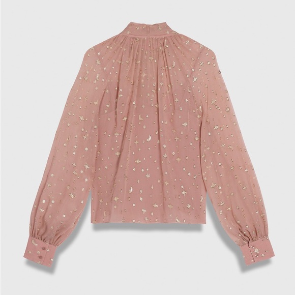The Fold London Lusia Fil Coupe Blouse Mauve Pink Gold Metallic Moon Stars M NWT - Picture 2 of 6
